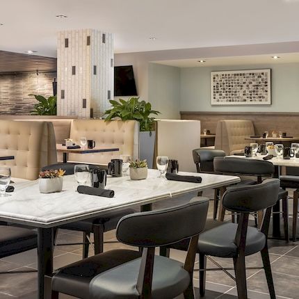 A modern caf&eacute; bar with stools, counter seating, coffee machines, and potted plants inside a bright lounge area.
